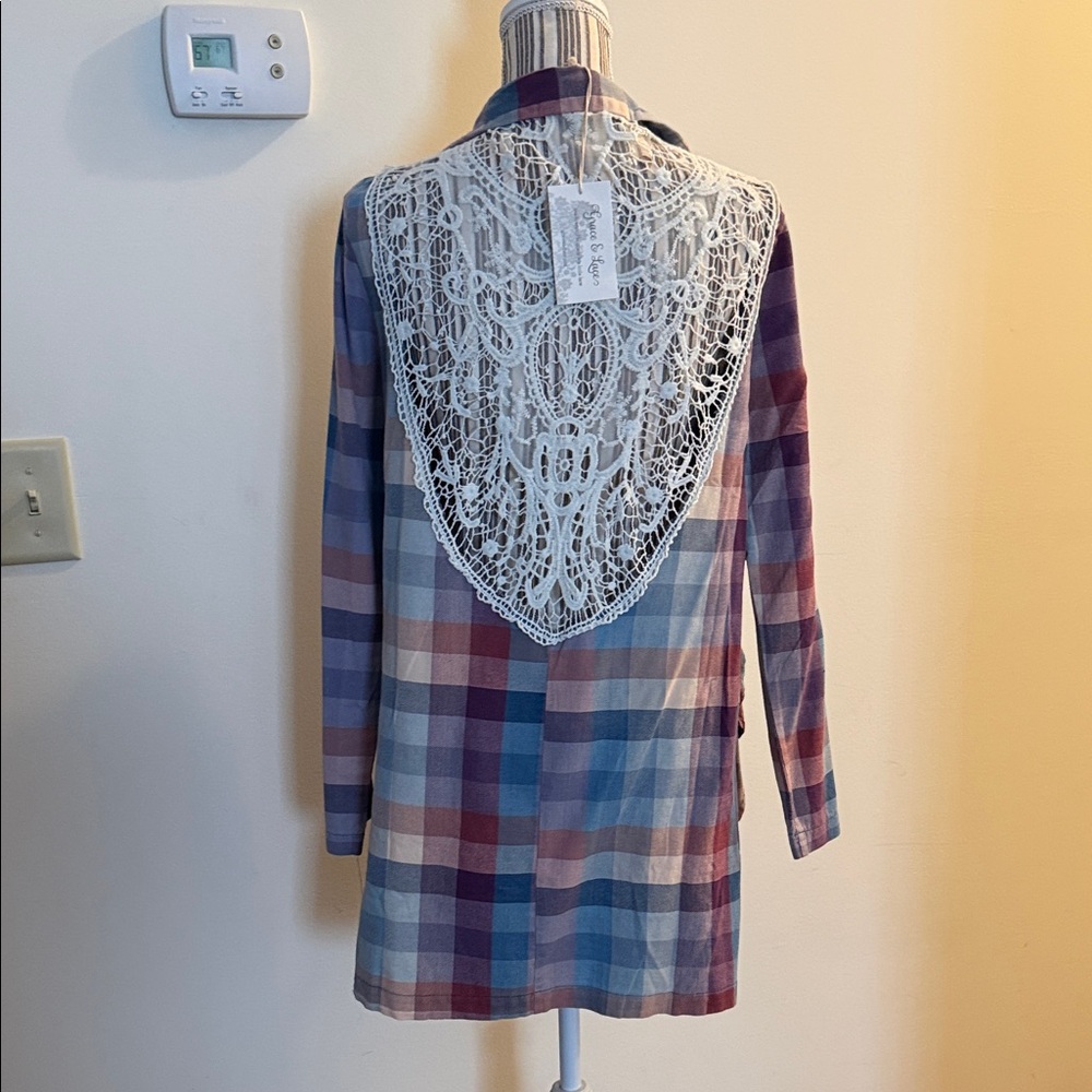 Grace and Lace Plaid Cascade Cardigan with Lace Back NWT Med